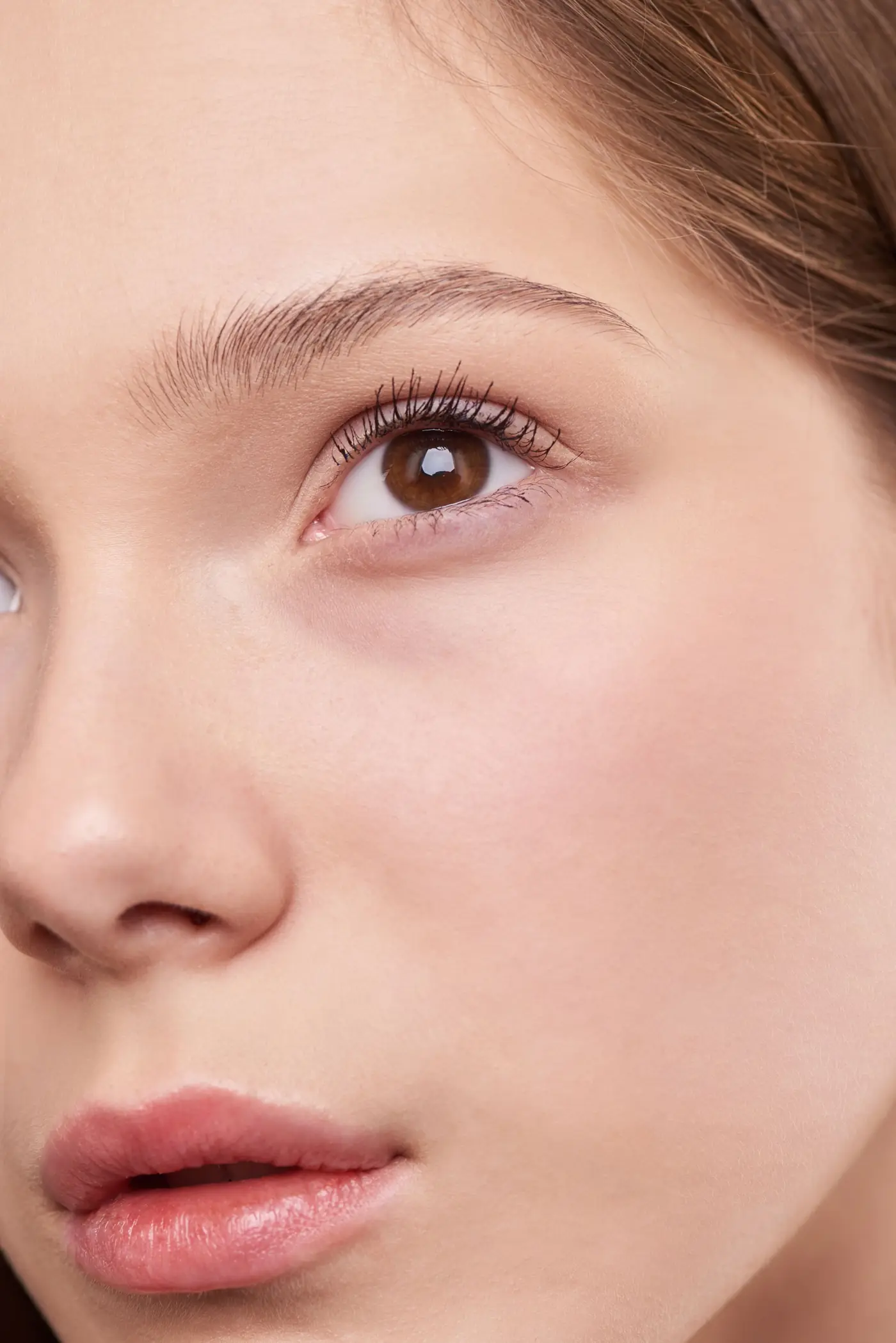 Close-up of fresh, natural skin and brows